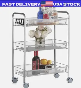 3-Tier Metal Rolling Cart on Wheels with Baskets Storage with Removable Shelves