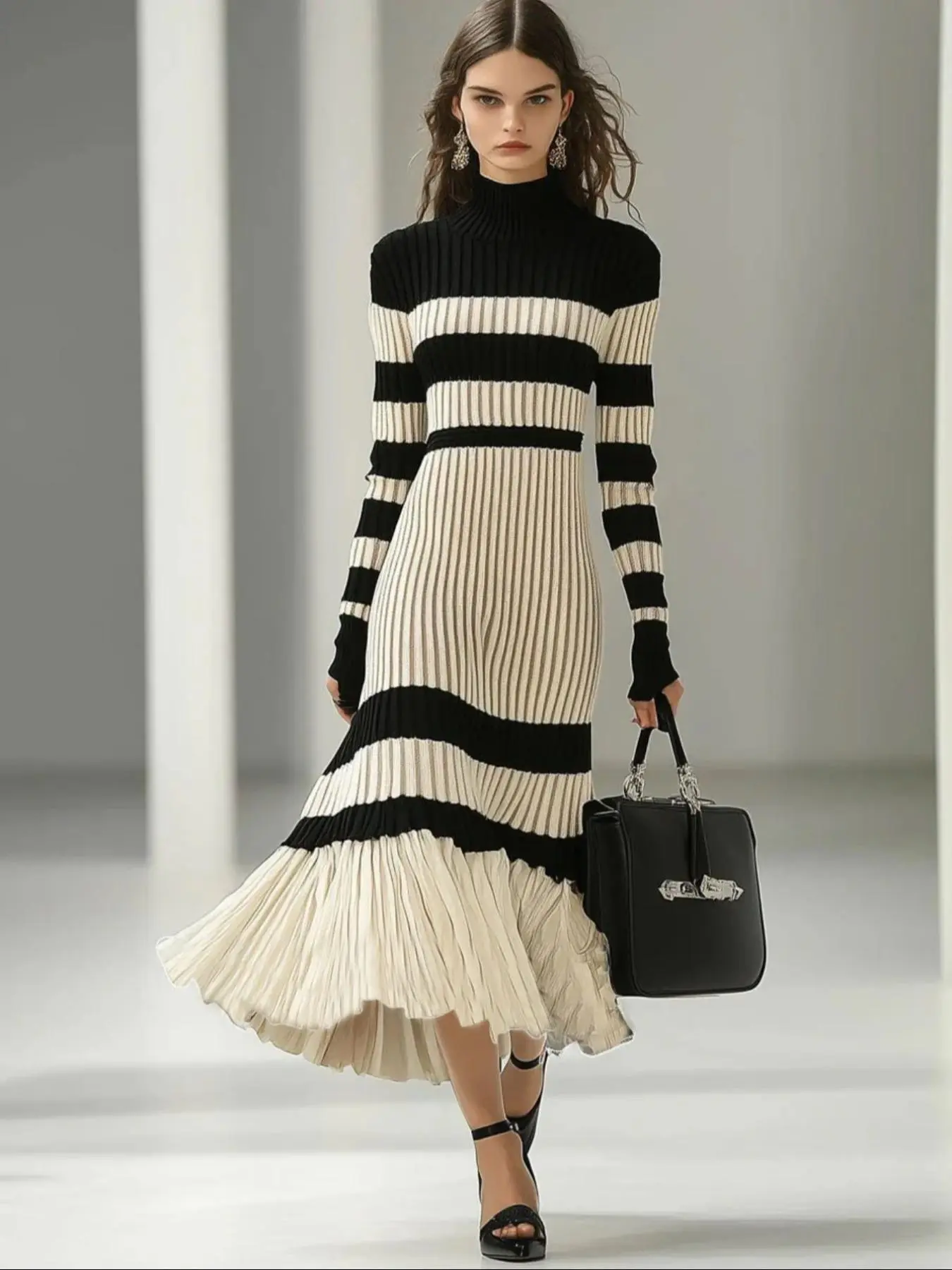 Women's Fashion Striped Knit Dress, High Neck Long Sleeve Slim Fit Pleated Hem, Elegant Chic Fall Winter Long Dress for Luxurious Occasions, Womenswear, Lady