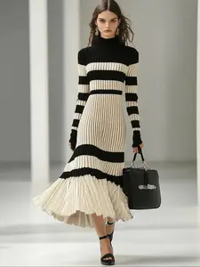 Women's Fashion Striped Knit Dress, High Neck Long Sleeve Slim Fit Pleated Hem, Elegant Chic Fall Winter Long Dress for Luxurious Occasions, Womenswear