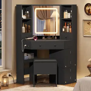 Corner Vanity with LED Lighted Mirror, Charging Station, Vanity Set with Storage Bench, Vanity with Drawers, Black