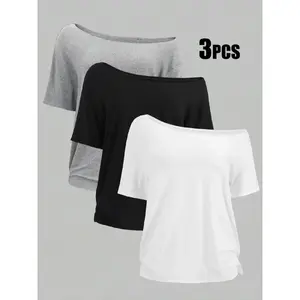 Women's Plus Size 3-Pack One-Shoulder Loose Short Sleeve T-Shirts, Casual Solid Color Basic Tops, Comfortable and Stylish Tees
