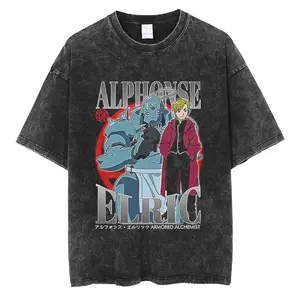 FULLMETAL ALCHEMIST Street Trend Brand Animation Printing 5Cotton Washed Short Sleeve T-Shirt Men's and Women's Summer