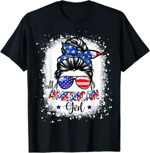 All American Girl Shirt USA Flag 4th July Women Kid Bleached T-Shirt - Alyssagor Shop 76B0DY86Y42B