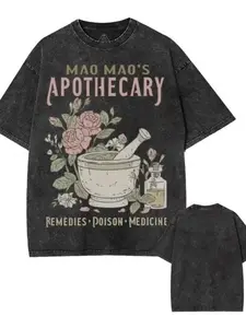 Mao Mao'S Apothecary Vintage Style Graphic T-Shirt With Mortar And Pestle Floral Design Remedies Poison Medicine Print Oversized Black Tee For Women And Men Casual Streetwear Fashion Top Retro Double-Sided Water Wash T-Shirt