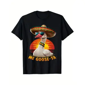 Unisex Black Cotton Mexican Funny Spanish Goose "Me Goose-Ta" T-Shirt with Fashion Glasses & Sombrero Design, Soft Breathable Fabric, Round Neck, Regular Fit