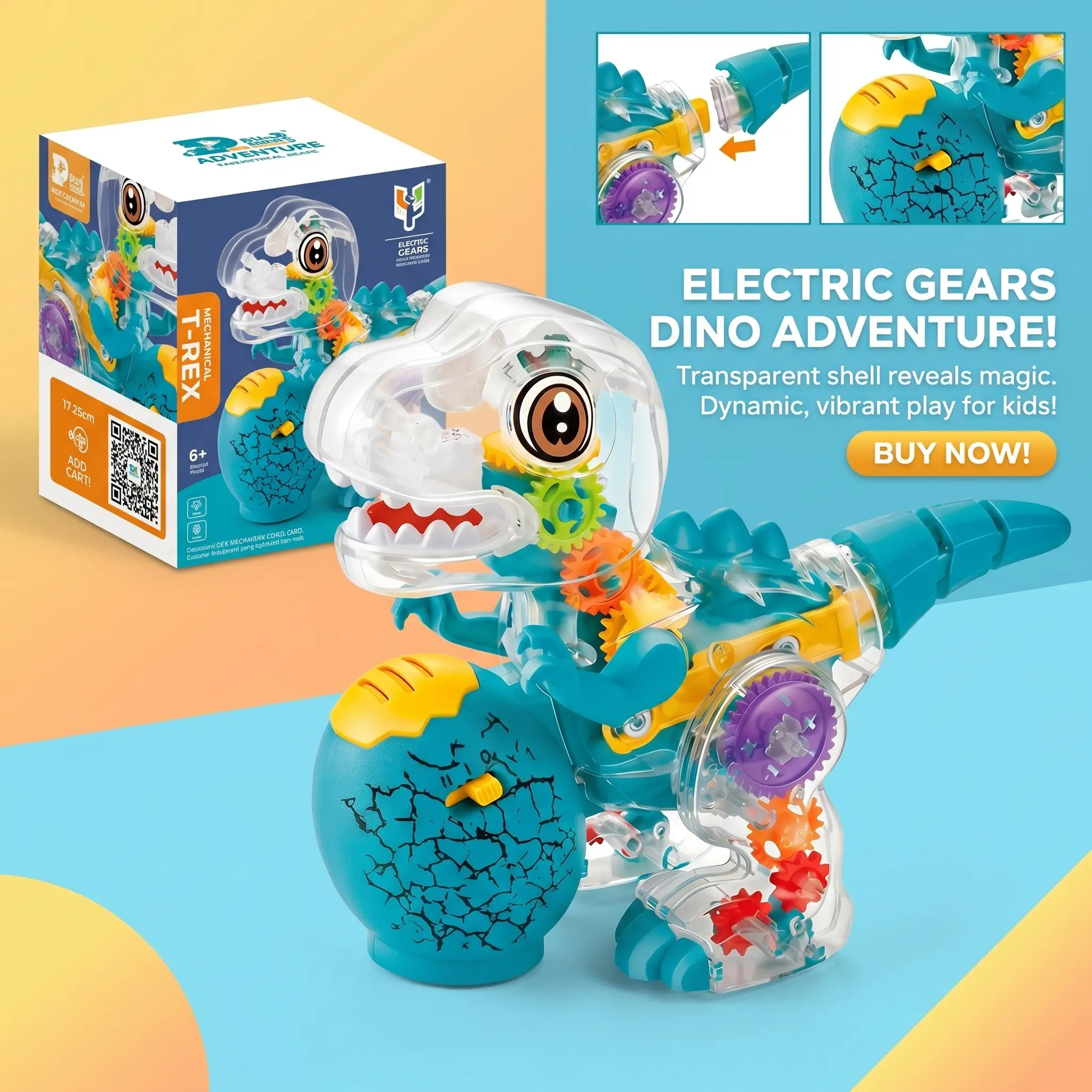 Transparent Gear Dinosaur Toy: Light-up Electric Musical Dino, Bump and Go Tyrannosaurus Rex with Obstacle Avoidance Function