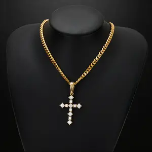 YC Cross Necklace - Father's Day Gift, Gold Zircon Men's Cross Necklace Stainless Steel Cross Pendant Necklace Simple Jewelry Gift Men's Cross Necklace