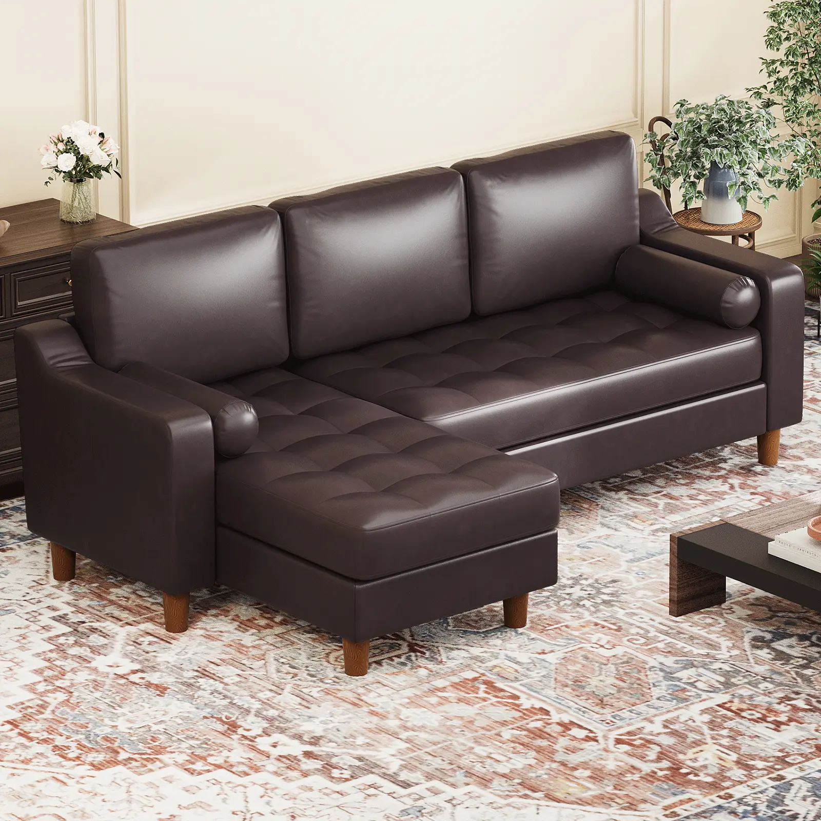 Black/Brown 88.9-Inch Classic Mid-Century Modern 3-Seat L-Shape Leather Sectional Sofa - Comfy Deep Seat Couch with Convertible Chaise, Sturdy Frame - Ideal for Family, Friends, Living Room Entertaining, Durable