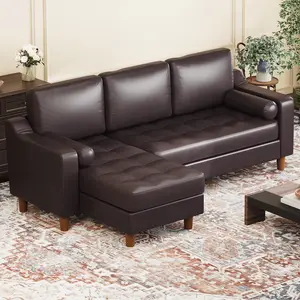 Black/Brown 88.9 Inch Mid Century Modern 3 Seat L-Shape Leather Sectional Sofa Comfy Deep Seat Couch with Convertible Chaise Stylish Luxurious Home Furniture for Living Room Decor