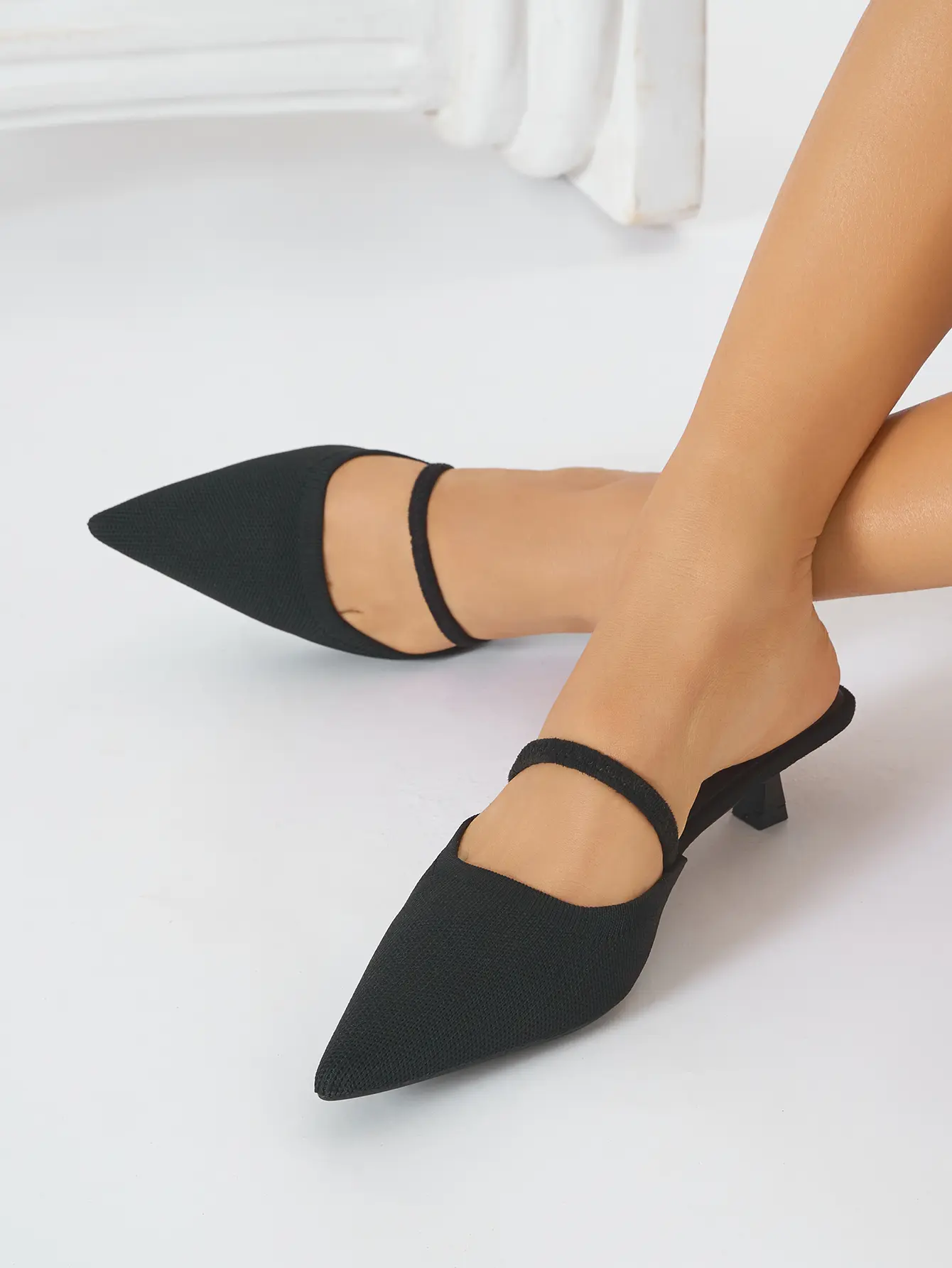 Women's Pointed Toe Knit Slingback Kitten Heels, 4cm Low Mid Heel Convertible Mules, 2-Way Elastic Strap Slip On Dress Pumps, Comfortable Breathable Walking Shoes for Office, Commute, Party and Daily Outfits