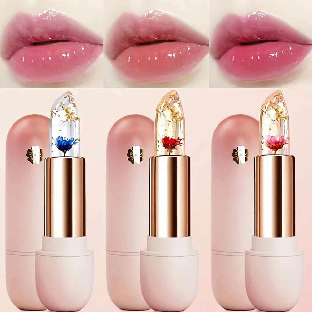 3 Pieces Transparent Petal Color Changing Lipstick Makeup Set Waterproof Long Lasting Moisturizing Lip Tint Temperature Changing Lip Glossy Cosmetic Summeressentials