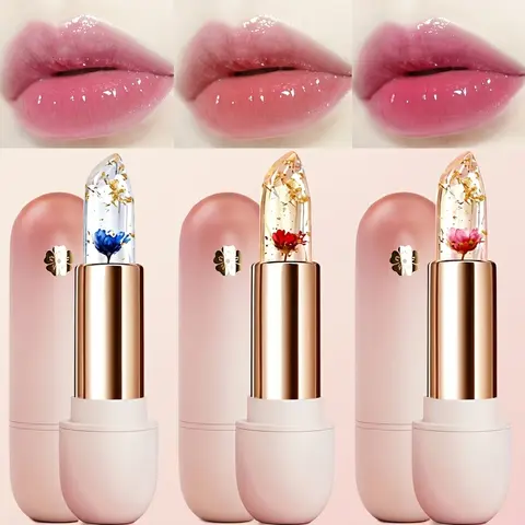 3 Pieces Transparent Petal Color Changing Lipstick Makeup Set Waterproof Long Lasting Moisturizing Lip Tint Temperature Changing Lip Glossy Cosmetic Summeressentials