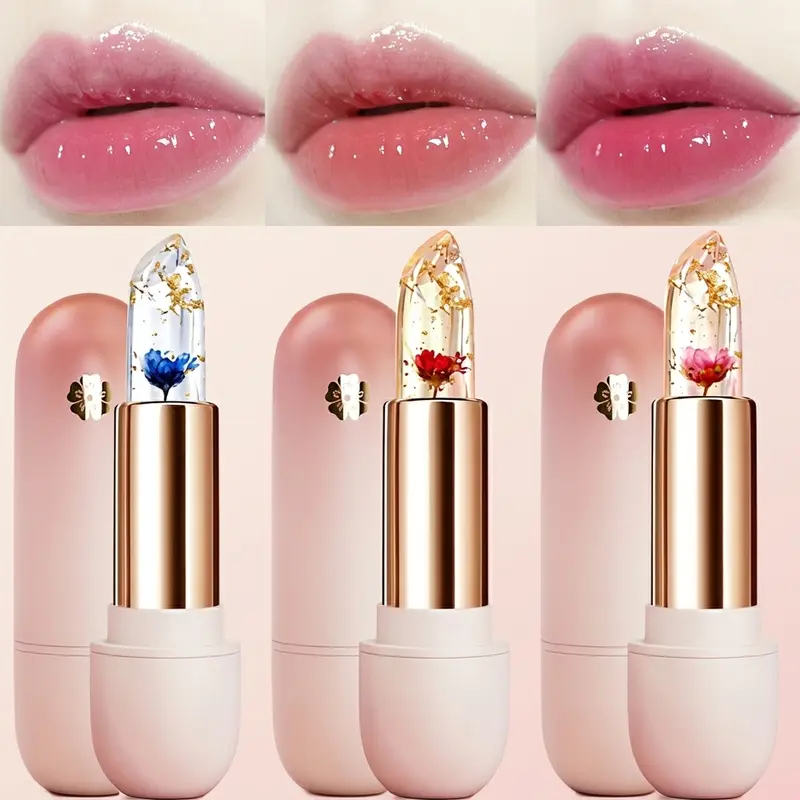 3 Pieces Transparent Petal Color Changing Lipstick Makeup Set Waterproof Long Lasting Moisturizing Lip Tint Temperature Changing Lip Glossy Cosmetic Summeressentials
