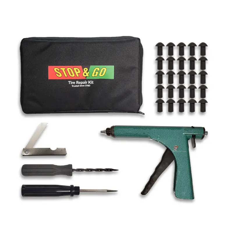 Stop & Go 1075 Durable 30-Piece Spring-Loaded Tubeless Tire Repair Kit - Car Repair Tools, 25 Mushroom Plugs, Quick Rasp Cleaner, On-Wheel Puncture Fix for Tractors, Prop 65 Compliant