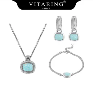 VITARING Platinum-Plated Cushion Cut Opal Jewelry Set Rhodium Coated for Long-Lasting Shine Paved Zircon Halo Design Necklace Earrings Bracelet