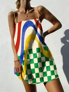 Women's Summer Plaid Striped Design Vacation Casual Print Loose Short Strap Dress, Comfortable and Stylish, Perfect for Relaxing Days