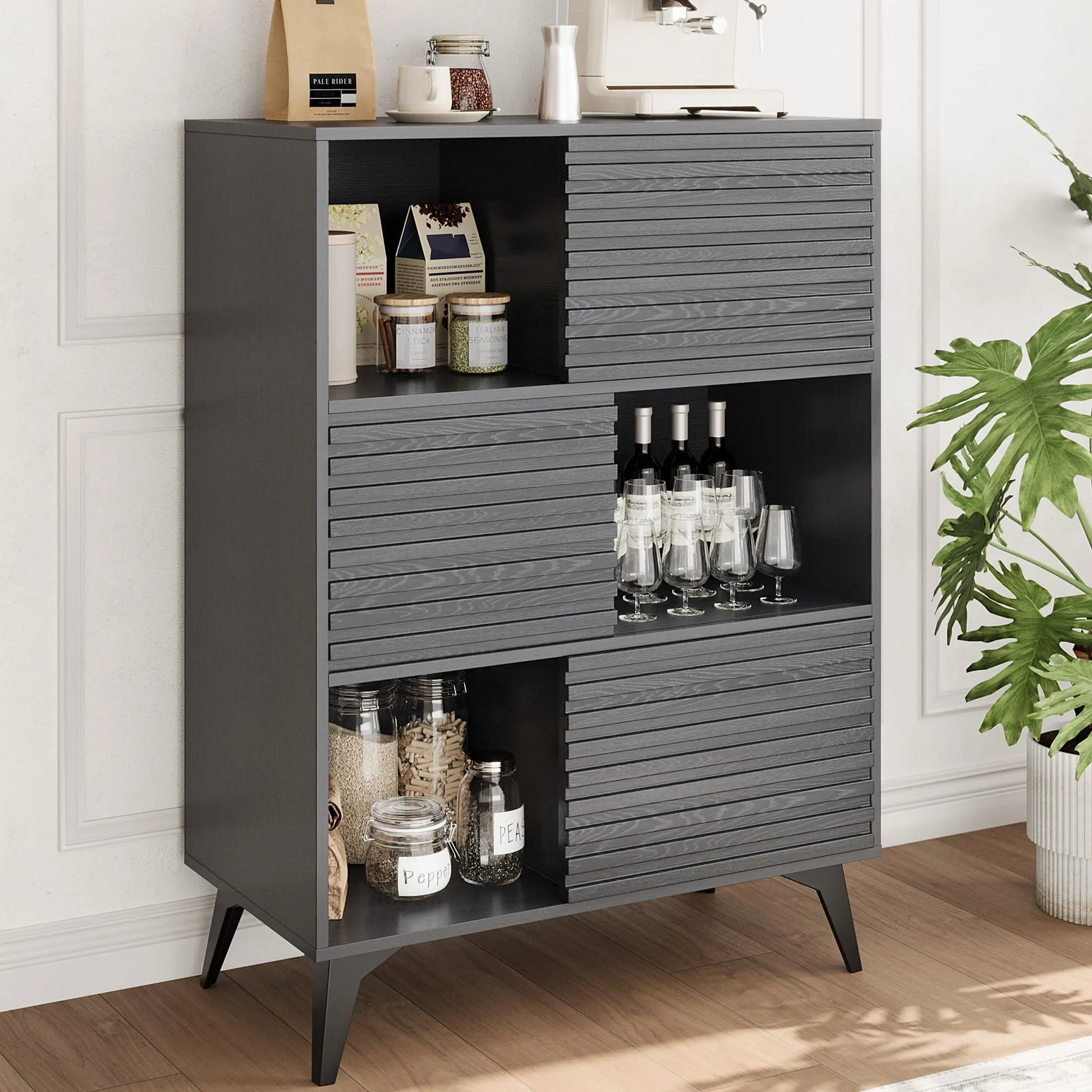 31 Inch Fluted Buffet Storage Cabinet, Modern Wooden Sideboard Cabinet with Sliding Doors & Metal Base, Accent Cabinet Sideboard for Dining Room Black