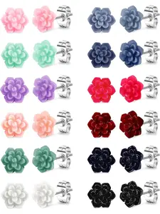 12Pairs Chic Cute Boho Style Jewelry Assorted Colors Resin Succulent Flower Earring Studs Set for Women Floral Blooming 3D Carved Succulent Flower Stud Earrings with Stainless Steel Post Hypoallergenic Earrings Pack