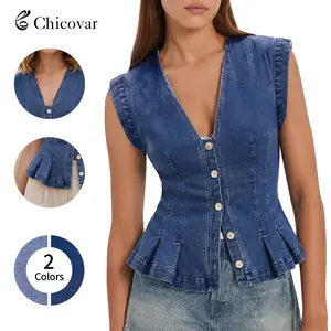 ChicovarFashion Women's V Neck Denim Vests Tops, Button Down Y2k Fitted Pleated Sleeveless Jean Tops for Daily Wear, Vacation, Trip
