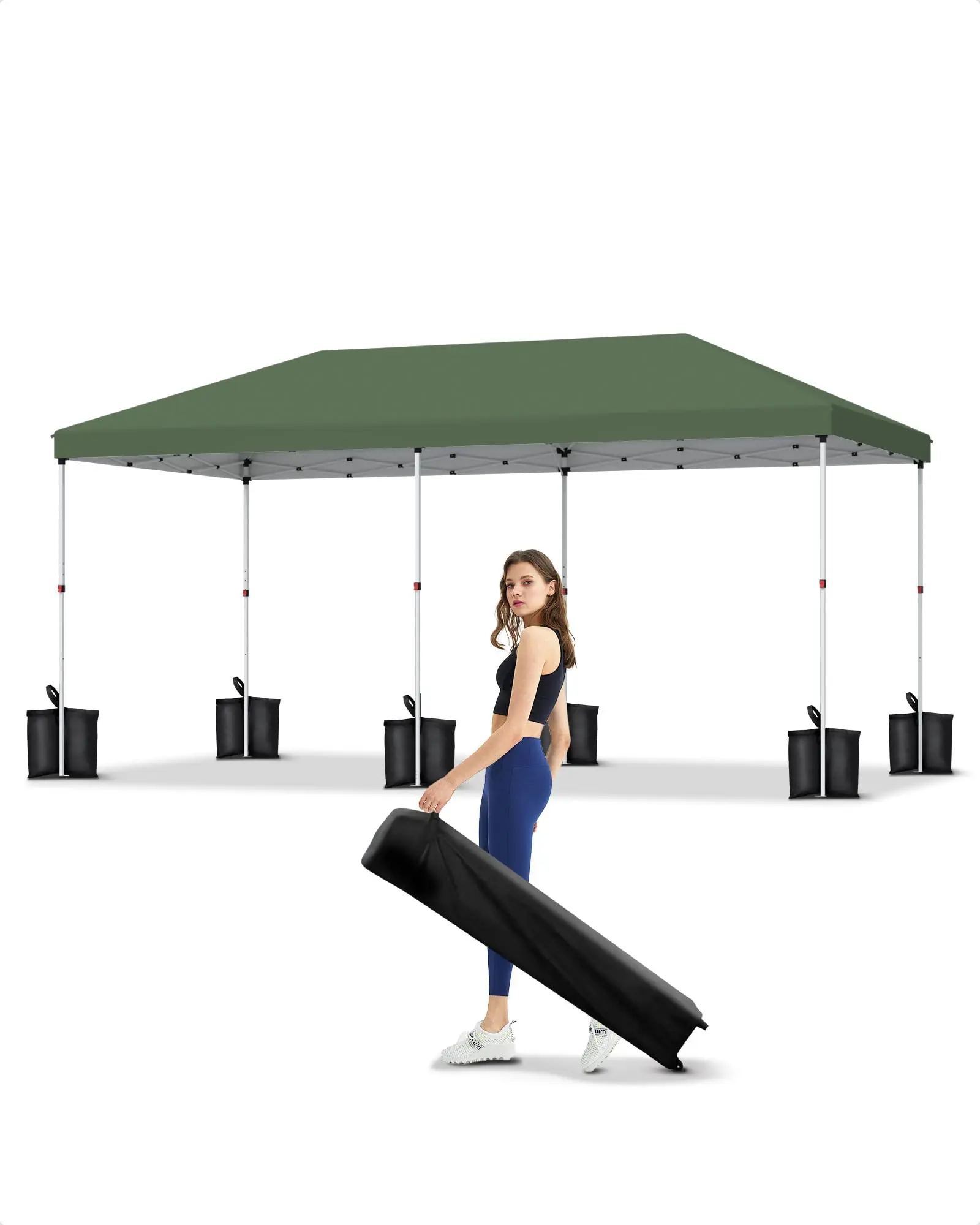 Gaomon Portable Instant Canopy Tent - 10x20ft Sturdy Foldable Sun Shade for Markets, Decks, Heavy-Duty 210D Oxford Fabric, Rust-Proof Frame, 3 Adjustable Heights, Roller Bag, Sandbags, Stake, 4 Guy Ropes, UV Protection, Green