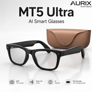 MT5 Ultra AI Smart Glasses with 8MP HD Camera, First-Person Video Recording, Open-Ear Audio, Real-Time Translation, Voice Assistant, Leather Charging Case for Travel and Daily Use