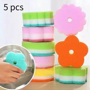 5pcs Flower Shape Dish Sponges Dishwashing Sponge Cloth Strong Scouring Pad Miracle Sponge Household Kitchen Bathroom Migic Cleaning Wipe