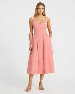 Express Gingham Poplin Drop Waist Smocked Back Midi Dress
