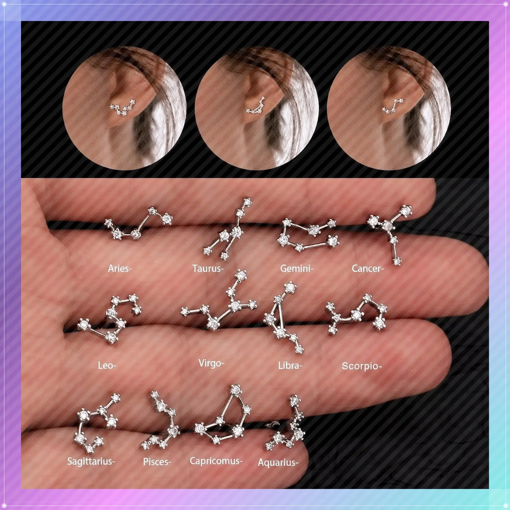 OUFER 16G 316L Stainless Steel Constellation Stud Earring Stack - Unisex Zodiac Jewelry, Non-Tarnish, Fit for Helix/Cartilage/Lobe, Men's Accessories, Women's Accessories, Stylish Celestial Daily Wear (Aries to Aquarius), Accessories For Women