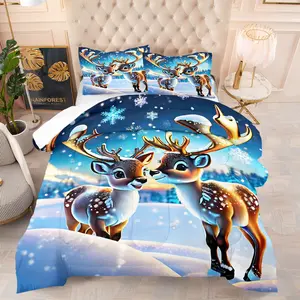 Christmas Aurora White Deer Beds Comforter Quilt Set (2/3 Pcs) Includes 1 Quilt + 1/2 Pillowcases (no Filler) Forest/moonlit Star Deer Patterns. Fits Bedroom, Homestay, Dorm, Loft, Rural Homestay. for Couples, Kids, Families, Students, Girlfriends.