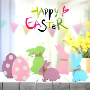 Easter Decorations Set, 5 Wooden Easter Bunny & Egg Signs, Table Centerpiece, Layered Tray Decoration, Home Indoor Office Party Farmhouse Style, Easter Bunny Figures, Bunny Ornaments