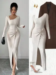 Elegant Plus Size Women's Knit Textured Bodycon Dress Fit, Asymmetrical Neckline, Twisted Knot Slit Design, Fall & Winter Fashion, Womenswear
