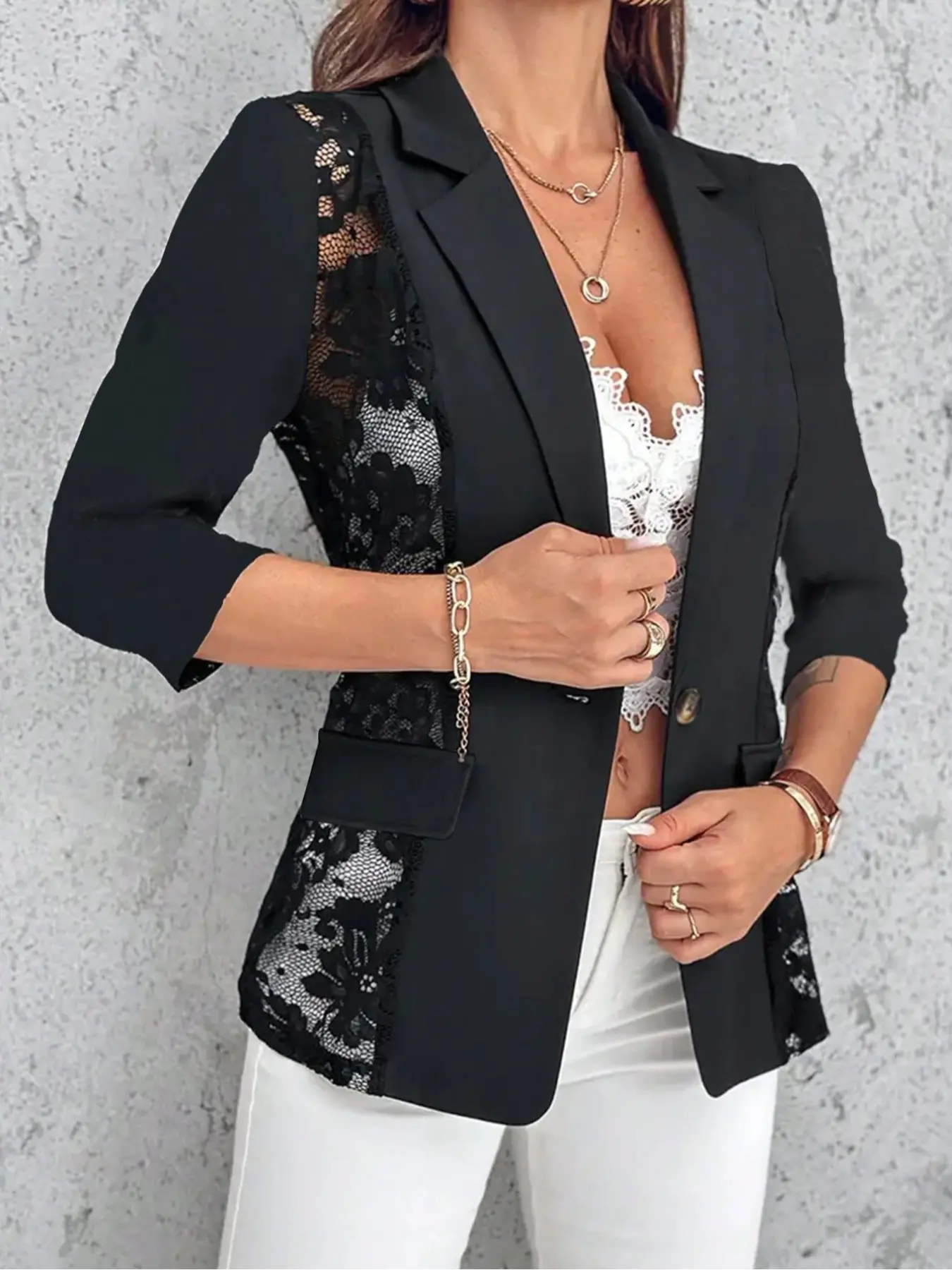 Women's Elegant Chic Solid Color Floral Lace Trim Patchwork Suit Jacket, 3/4 Sleeves, Romantic Casual Stand Collar, Single Button Collared Coat