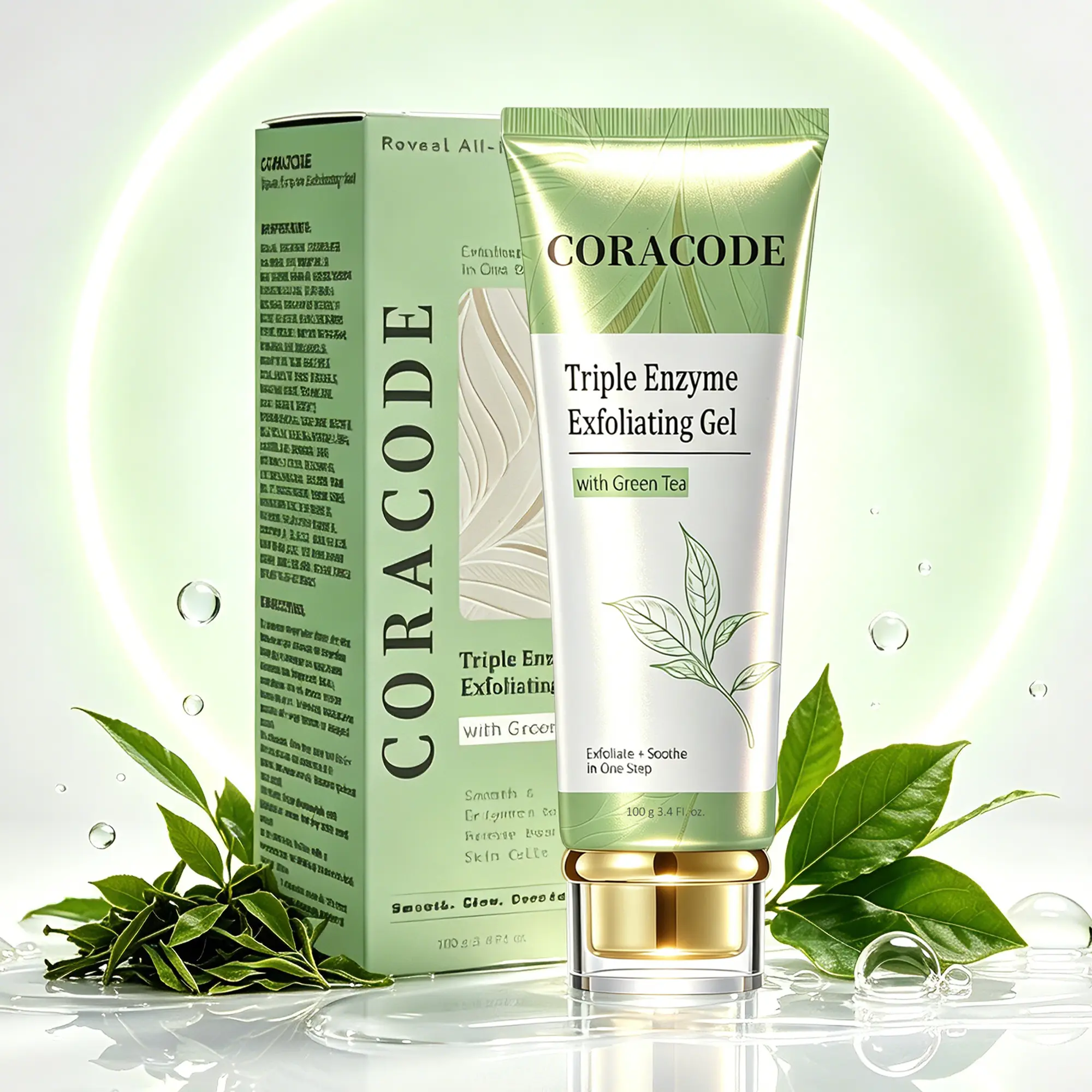 CORACODE Triple Enzyme Exfoliating Gel Green Tea Aqua Peel Gel - Gentle Face Exfoliator with Fruit Enzymes, AHA, BHA & Hyaluronic Acid for Clogged Pores & Anti-Wrinkle Care for Adults, 100ml, Exfoliate, Radiant Skin, Face Scrubs & Peels, Soft Skin