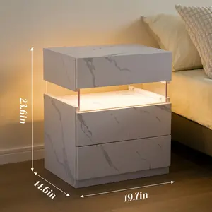 [Bellemave]LED Nightstands 3 Drawer Dresser for Bedroom End Table with Acrylic Board LED Bedside Tables for Bedroom Living Room Bedside Furniture (White)