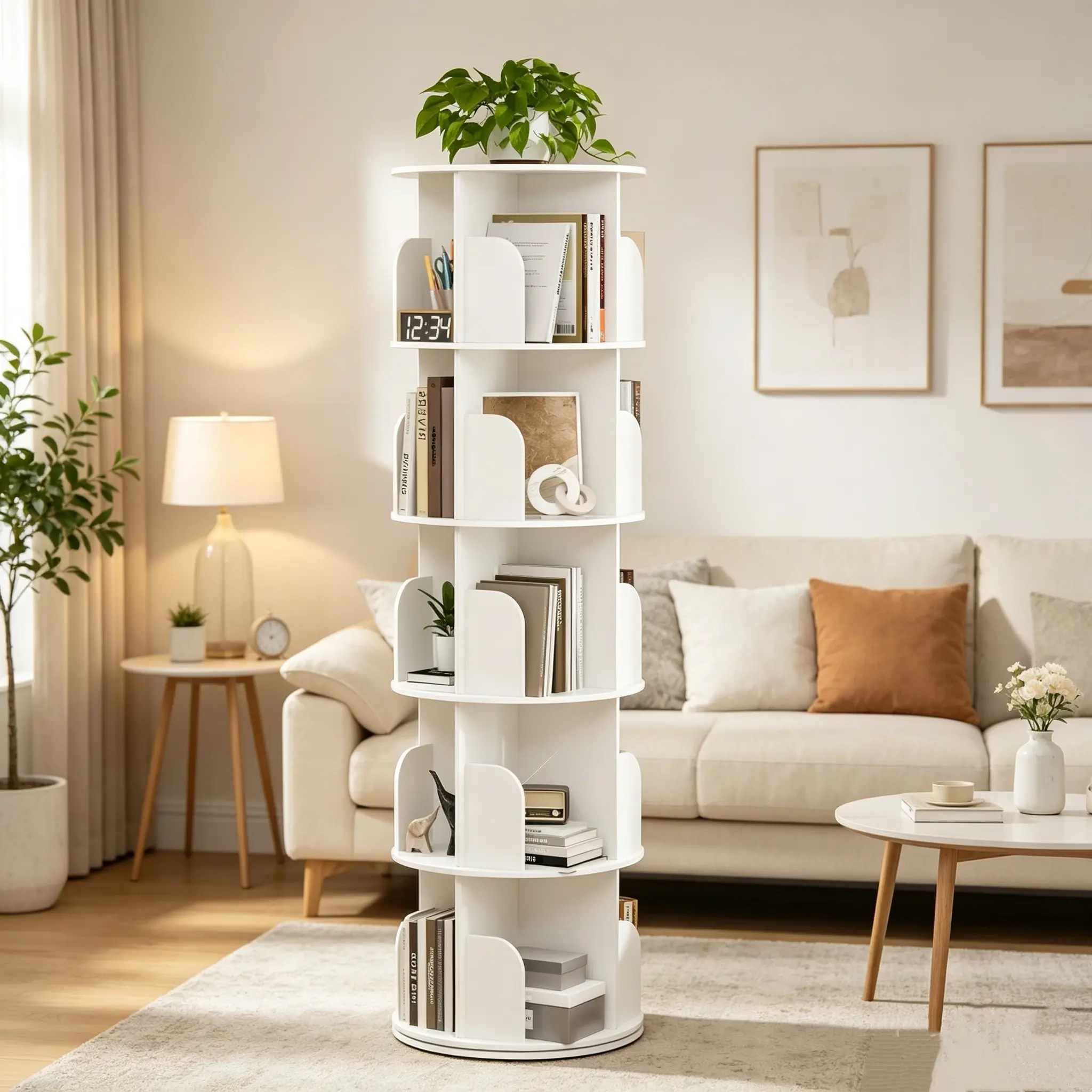 5-Tier 360° Rotating Spiral Plastic Bookshelf - Sturdy Freestanding Contemporary Corner Shelf, Office/Commercial Furniture for Bedroom Organization, Easy Assembly Required Room Decor