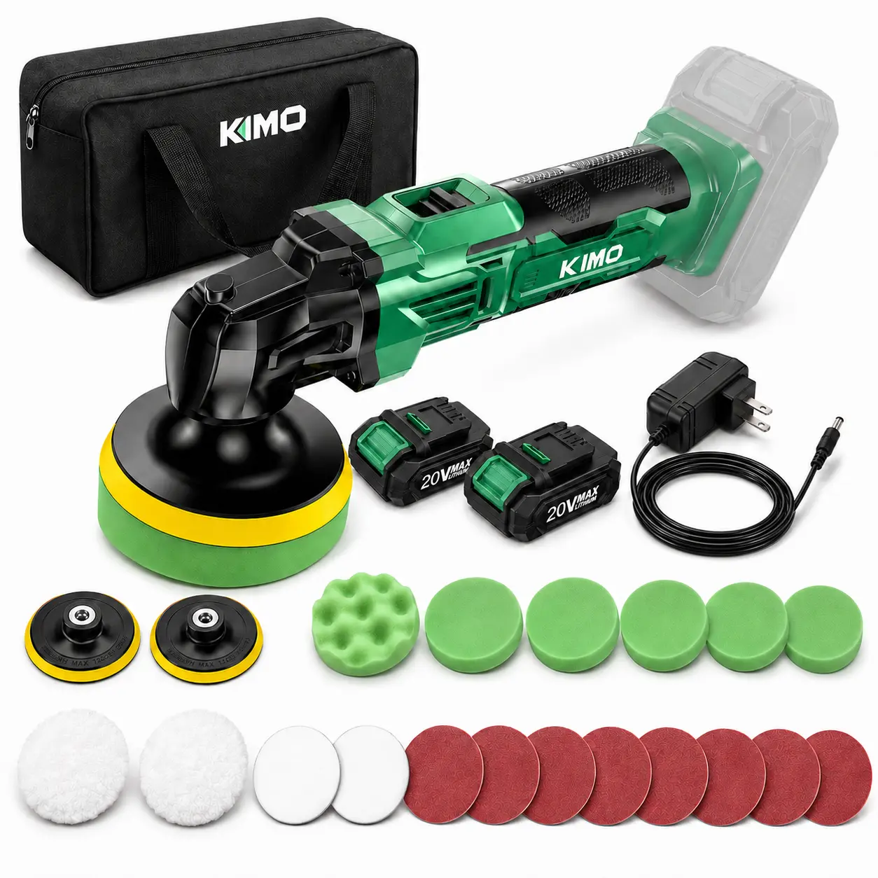 KIMO 20V Cordless Buffer Polisher Kit, 6-Speed 3634 RPM Power Tool, 24-Piece Set with Microfiber Pads, Wave Foam Pads, Sandpapers, 2×2000mAh Batteries for Car Detailing, Waxing, Scratch Removal
