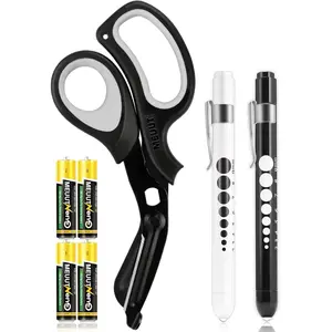3 Pack Penlight & Medical Scissors- One 8 Inches Patented Trauma Shears Two LED Pen light with Four Batteries - Bandage Scissor for- Nurse, First Aid, EMT, Doctor
