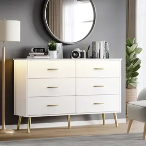 Furniture cabinet with 6 Drawer,Dresser for Bedroom, Chests of Drawers,Wide Long Clothes Organizer with LED Light for Hallway, Entryway, Metal Handles