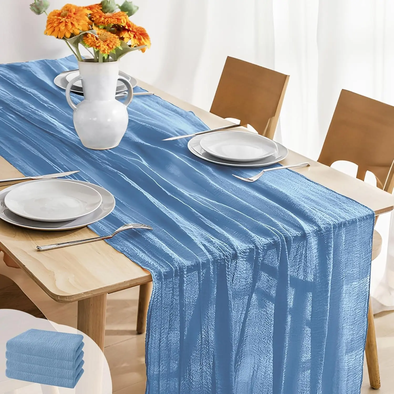 4 Pack Blue Cheesecloth Table Runner 35" x 120" - Boho Table Runner Set for Wedding, Birthday, and Party Decor, Romantic Gauze Table Runner for Rustic and Elegant Tablescapes (Light Blue)