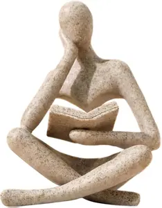 Bookshelf Decor Thinker Statue - Abstract Art Reading Thinker Sculpture Figurine Aesthetic, Modern Home Decoration for Living Room Office Shelves Coffee Table Desk Decor(Beige)