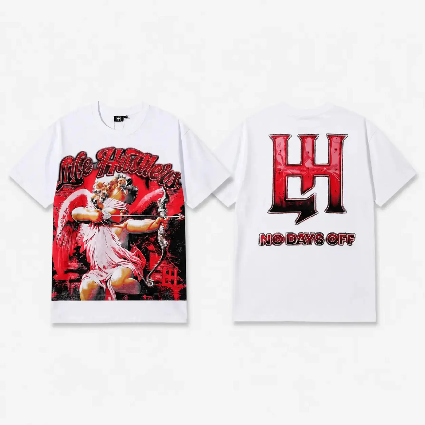 Unisex Rhinestone Graphic T-Shirt Life Hustlers Masked Angel Archery Print 100% Cotton Loose Oversized Y2K Hip Hop Crew Neck Short Sleeve Casual Streetwear Top Tee Men Women