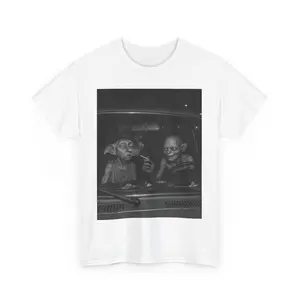 Gollum and Dobby S.m.0.king in Car Shirt – Funny Fantasy Meme Tee – Lo-Fi Parody Streetwear – Cursed Midnight Vibes T-Shirt Cotton Menswear