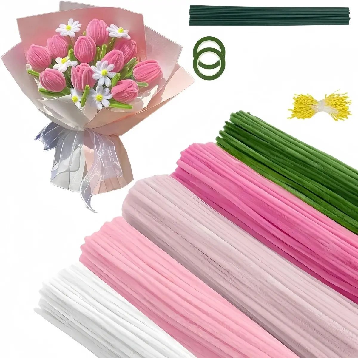 500 Pcs Pipe Cleaner Flower kit with Wrapping Paper, 5 Colors Pipe Cleaners Craft, DIY Rose Flower, DIY Floral Decoration, Flower Stems, Floral Tape, Stamen
