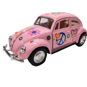 KINSMART 1967 VW Classical Beetle Diecast Model Car 1:32 Scale Pink with Peace Sign & Flowers Collectible Toy Openable Doors Pull Back Action Made in China