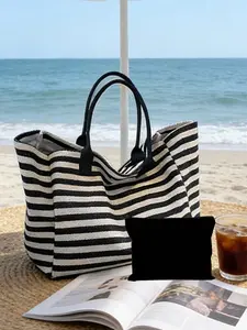 Large Capacity Striped Beach Handbag, Foldable Canvas Shoulder Bag, Waterproof Sandproof Travel Bag, Tote Purse, Trendy Versatile Bag, Ideal for Summer