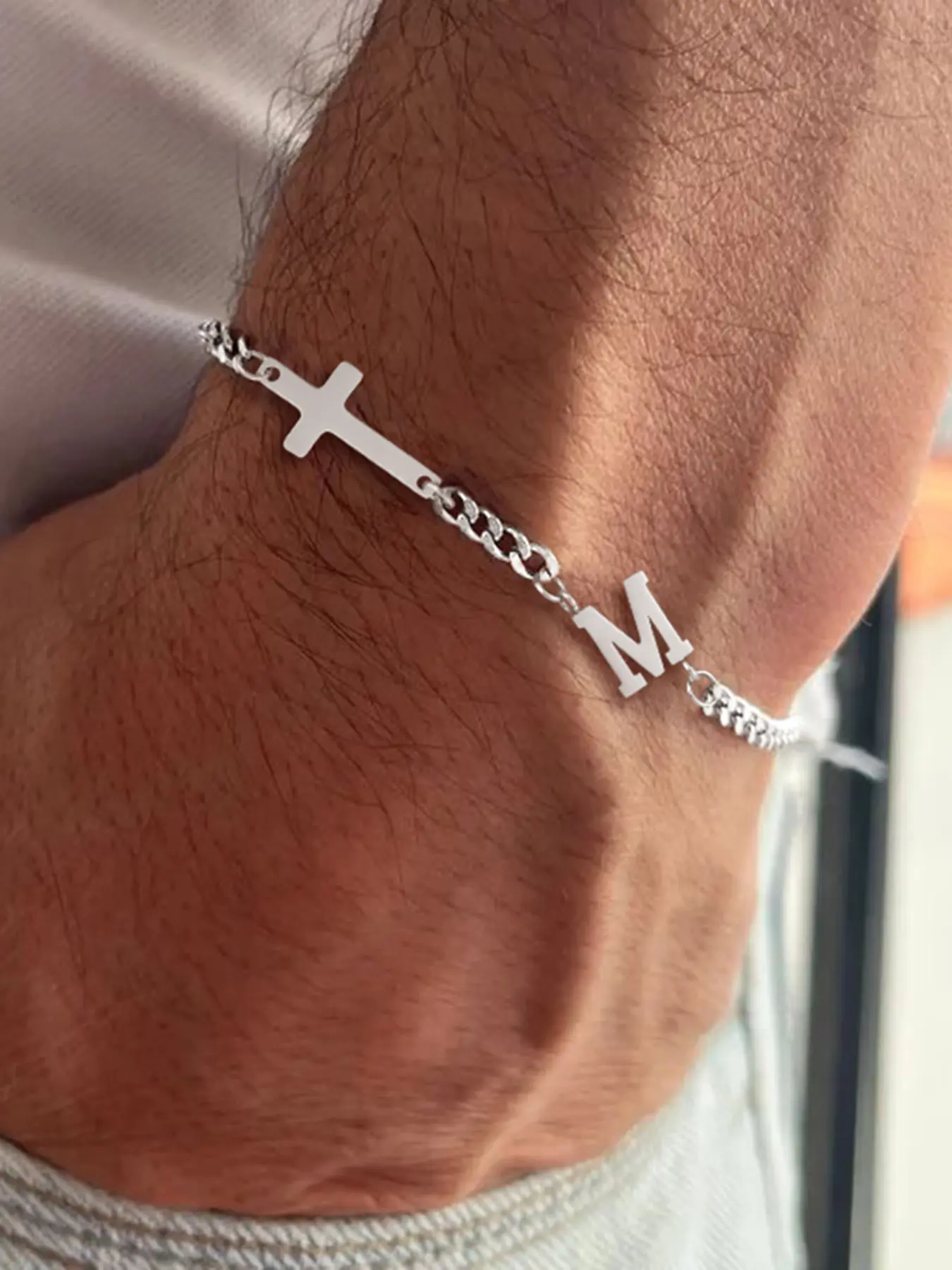 Men's Cross Initial Letter Bracelet, Classic Silver Color Stainless Steel Cuban Chain, Casual Style, All Seasons, Cuban Chain Bracelets, Cuban Link Bracelet, Bracelet Classic Design, Bracelet Jewelry
