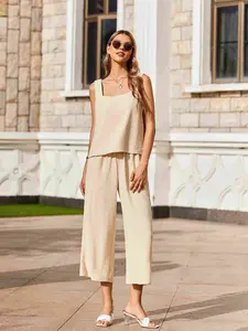 Women's 2 Piece Outfits Sleeveless Top Capri Pants Matching Lounge Set Vacation Clothes
