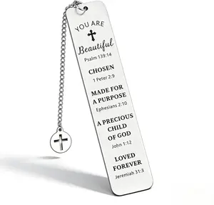 Christian Bookmark Stainless Steel Bible Verse Bookmark with Cross Pendant Inspirational Scripture Bookmark Religious Gifts for Women Men Girls Baptism Graduation Gift