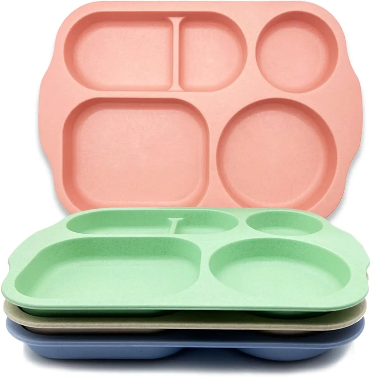 Unbreakable Round Divided Wheat Straw Plates, 4-Pack Large Lightweight Plates, Fast Food Trays for Kids