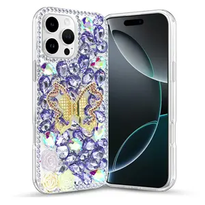 LensGuard Stand for iPhone 16 15 14 13 11 Case, Golden Butterfly Stand Diamond Case,Luxury Bling Diamond, Glitter Bling, Diamonds Bumper Protection Cover for Women Girls